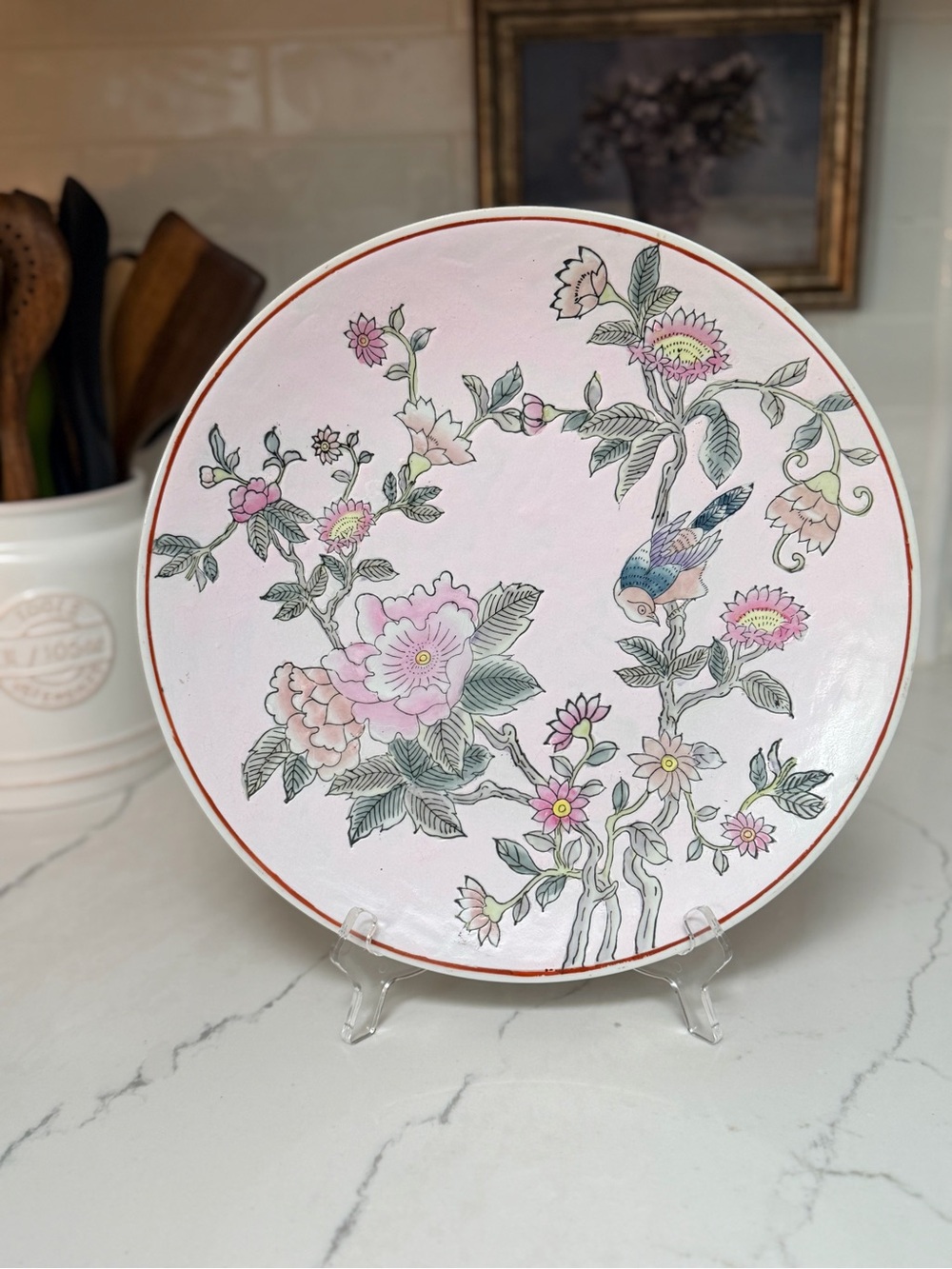 Vintage Pink Floral Bird Accent Plate